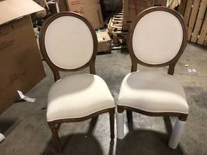 lot 50 image: Home Decorators Collection Ellington Haze Wood Upholstered Dining Chair with Rounded Back Ivory Seat (Set of 2) (19 in. W x 38 in. H)  Customer Returns See Pictures