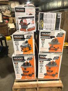 lot 35 image: Pallet of Assorted Ridgid Wet Dry Shop Vacs Various Sizes and Conditions Customer Returns See Pictures