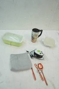 lot 245 image: Pyrex bowls with covers, Coffee mug, travel steam iron,