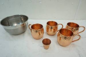 lot 284 image: Bowl and set of Copper Mugs & Shot Glass