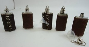 (5) Stocking Stuffers NEW Stainless Steel Mini Two-Ounce Leather Cased Hip Flask with KeychainFunnel...