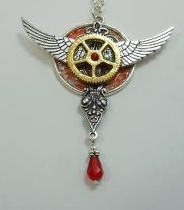 (15) Stocking Stuffers...Steampunk Gothic Harley Gear Wing Pattern Green(5) Red(5) Blue(5) Gem Medieval Victorian Unisex Brushed Antiqued Silver Gold Chain Necklace...