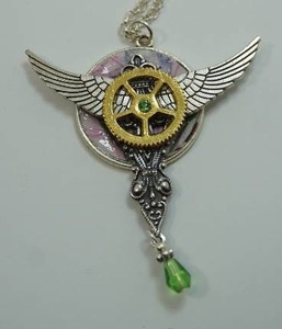 (15) Stocking Stuffers...Steampunk Gothic Harley Gear Wing Pattern Green(10) Black(5) Gem Medieval Victorian Unisex Brushed Antiqued Silver Gold Chain Necklace...