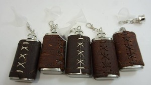 (5) Stocking Stuffers NEW Stainless Steel Mini Two-Ounce Leather Cased Hip Flask with KeychainFunnel...
