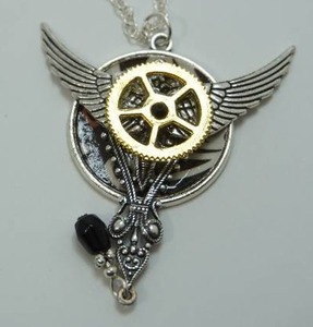 (10) Stocking Stuffers...Steampunk Gothic Harley Gear Wing Pattern Green(4) Black(6) Gem Medieval Victorian Unisex Brushed Antiqued Silver Gold Chain Necklace...