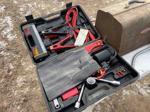 lot 99 image: Emergency Roadside Kit, Vintage Toolbox and Tools