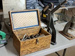 lot 156 image: Handy Button Machine Co Hand PressPunch with Box of Attachments