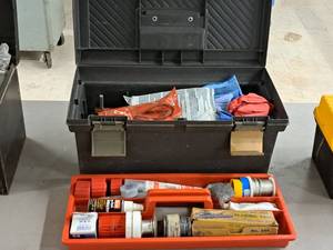 lot 332 image: 19-12 Plastic Tool Box with Gas Leak Detector, Flaring Tool, Solder, Silicone and more