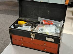 lot 331 image: 20-12 Metal Tool Box with Wire Cutters, Pliers, Screwdrivers, Electrical Tape