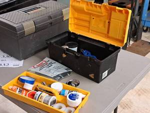lot 333 image: 15 Plastic Tool Box with Tool Tray, Solder, Flux, Oatley Flame Protector, Misc. Tools