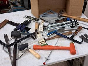 lot 351 image: Lot of (1 Box) Hand Tools - Hammers, Saws, Measuring Tools