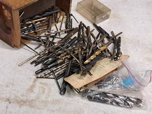 lot 359 image: Wood Tool Box with Assorted Drill Bits