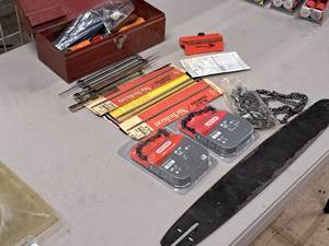 lot 396 image: 12 Tool Box with Chainsaw Tools, 22-12 Saw Blade and Misc. Accessories