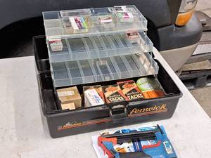 lot 435 image: 17 Tool Box with Air Nailer and Fasteners