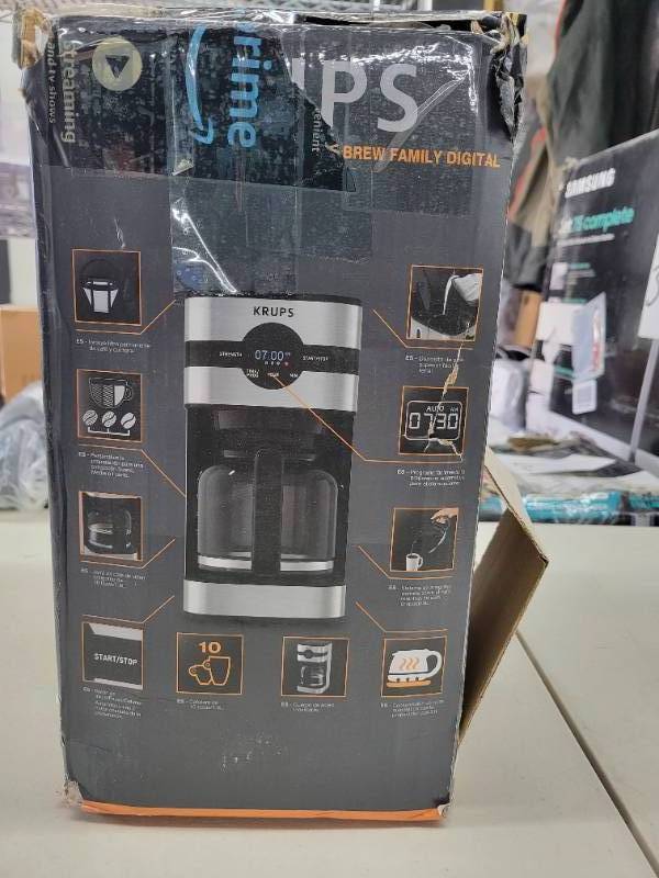 Krups Simply Brew Stainless Steel Drip Coffee Maker 10 Cup 900 Watts Digital Control, Coffee Filter, Drip Free, Dishwasher Safe Pot Silver and Black, Electronics Tested and Work. - HOOK TO LIFT FILTER LID IS BROKEN.