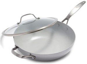 GreenPan Venice Pro Tri-Ply Stainless Steel Healthy Ceramic Nonstick 12 Wok Pan with Helper Handle and Lid, PFAS-Free, Multi Clad, Induction, Dishwasher Safe, Oven Safe, Silver - NEW