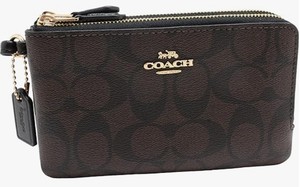 COACH (Authentic) Women Double Corner Zip Wristlet In Signature Canvas Brown Black (Style  87591), NEW