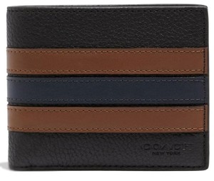 COACH (Authentic) Mens 3-In-1 Wallet In Refined Pebble Leather With Varsity Stripe (Black Saddle - Midnight) - NEW