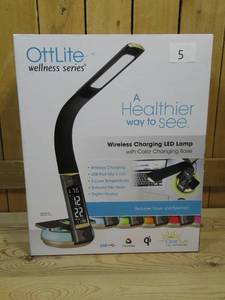 lot 14 image: OttLite LED Desk Lamp with Clock and Wireless Charging Station - Black