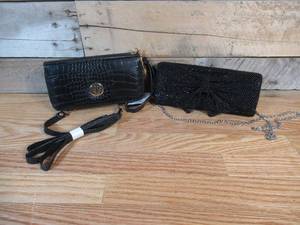 lot 123 image: Jessica McClintock Haley Metallic Clutch w Bow Detail & Black Faux Leather Wallet w Gold Accents - removable crossbody strap