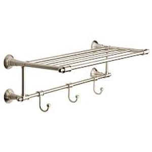 lot 159 image: Delta Hospitality Extensions 24 in. Train Rack Shelf with 3 Hooks Bath Hardware Accessory in Brushed Nickel