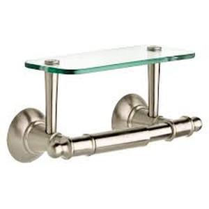 lot 160 image: Delta Hospitality Extensions Toilet Paper Holder with Glass Shelf for Phone Bath Hardware Accessory in Brushed Nickel