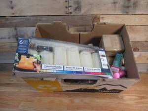 Box of Various Candles & Decor