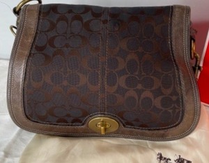 lot 35 image: Coach Ali Legacy Chocolate Brown Purse Signature Canvas Leather Trim