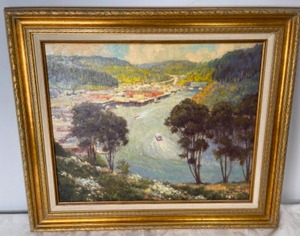 lot 65 image: Phil Kooser Noyo River Harbor Oil on Masonite