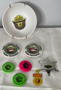 lot 93 image: Smokey The Bear Lot, Pinback Buttons, Bowl and Junior Forest Ranger Badge