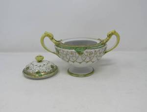 lot 44 image: Nippon porcelain  hand-painted beaded lidded sugar bowl and creamer