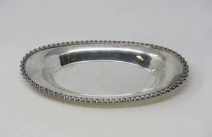 lot 50 image: Plate of fruit silver plate oblong basket tray with wooden  carved (solid) fruit
