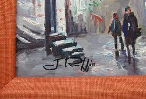 lot 51 image: MCM Framed acrylic on canvas cityscape painting by J. Rabbin or robbin