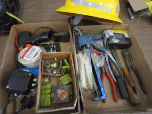 lot 64 image: Hard Hat, Hinges, Caulk Gun