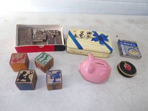 Vintage Piggy Bank, Cigarette Tins, Dominos Childrens Blocks