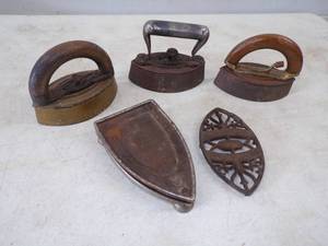 3 Cast Iron Irons, Handles And Trivets