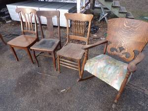 4 Vintage Chairs including a Beautiful Rocking Chair with Solid Back