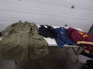 Army Coat, Leather Vest, and 2 Jackets