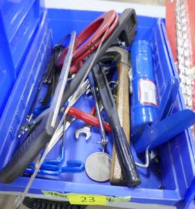 bin of misc tools, caulk gun, hammer, saw etc