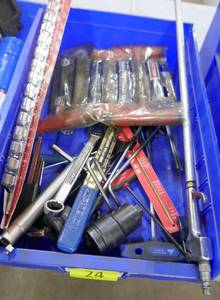 bin of misc tools, air nozzle, T handle hex wrenches, socket holder