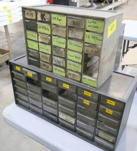 2 empty plastic parts bins and 1 metal