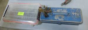 Box of sockets and box with level and sanding disk