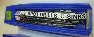 Bin of drills, spot drills, counter sinks