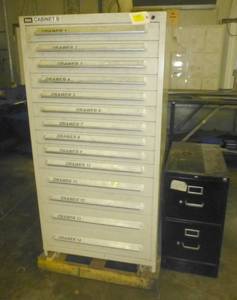 14 Drawer Vidmar cabinet (30x59x28d) with contents and file cabinet