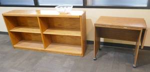 wood bookcase (adjustable height shelf) and small rolling desk