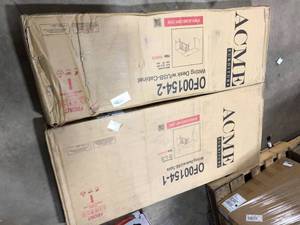 lot 43 image: Lot of 2 55 in. L Shaped Writing Desk with USB-Desk, Rustic Wood Oak Corner Desk with Cabinet Storage for Home Office Study Customer Returns See Pictures