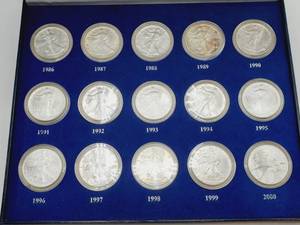 lot 15 image: 15 American Silver Eagles, 1986-2000 Set  in Case--All 15 Coins are BU in Capsules
