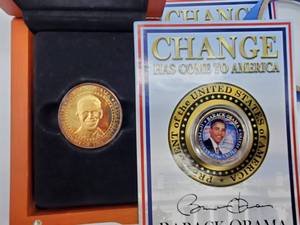 lot 38 image: Obama Inauguration Medal in Wood Case & 3 Commemorative Coins (done on half dollars)