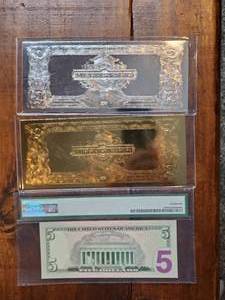 lot 48 image: Gem $5 Bill and (2) $2 Bills--one wrapped in 22K Gold & one in .999 Silver