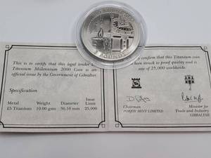 lot 94 image: 1999 British 5 Pound Coin, Titanium, Legal Tender, in Gift Box